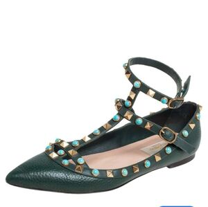 Valentino Green Leather Rolling Rockstud Ankle Strap Ballet Flats Size 37